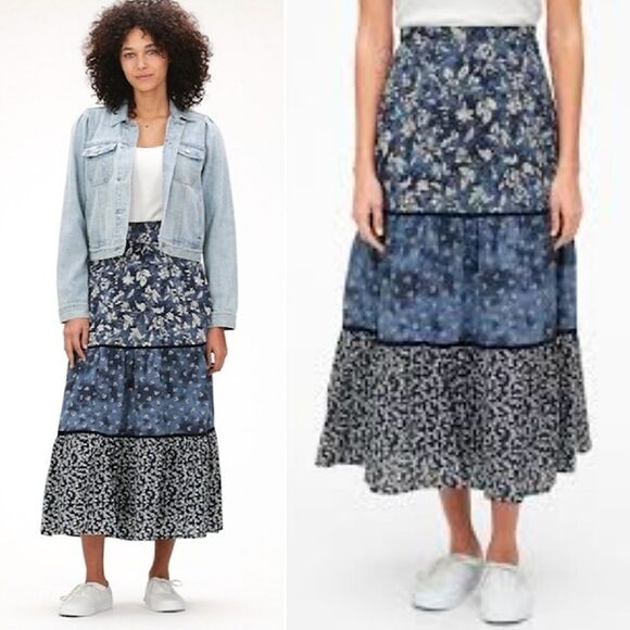GAP Blue Mixed Tiered Floral Boho Cotton Midi Skirt Size Large Petite - Picture 2 of 14
